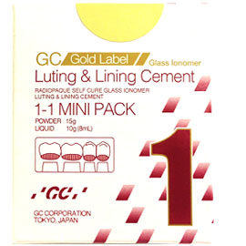 GC Gold Label Glass Ionomer Luting & Lining Cement  1-1 Mini Pack Packaging: 15g Powder & 8mL Liquid.
